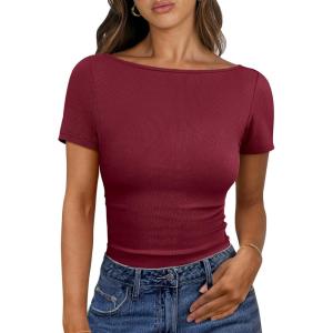 imageANRABESS Women Boat Neck Tops Short Sleeve TShirts Ribbed Knit Tight Fitted Basic Tees Shirts 2025 Summer ClothesBurgundy