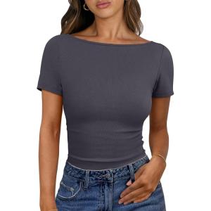imageANRABESS Women Boat Neck Tops Short Sleeve TShirts Ribbed Knit Tight Fitted Basic Tees Shirts 2025 Summer ClothesDeep Grey