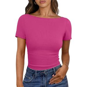 imageANRABESS Women Boat Neck Tops Short Sleeve TShirts Ribbed Knit Tight Fitted Basic Tees Shirts 2025 Summer ClothesHot Pink