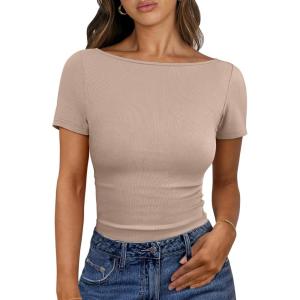 imageANRABESS Women Boat Neck Tops Short Sleeve TShirts Ribbed Knit Tight Fitted Basic Tees Shirts 2025 Summer ClothesKhaki