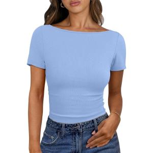 imageANRABESS Women Boat Neck Tops Short Sleeve TShirts Ribbed Knit Tight Fitted Basic Tees Shirts 2025 Summer ClothesSky Blue
