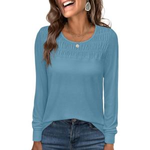 imageANRABESS Women Shirts Long Sleeve Crewneck Smocked Tunic Tops with Leggings Dressy Casual TShirt Business Work BlousesBlue Green