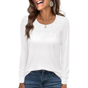 imageANRABESS Women Shirts Long Sleeve Crewneck Smocked Tunic Tops with Leggings Dressy Casual TShirt Business Work BlousesWhite