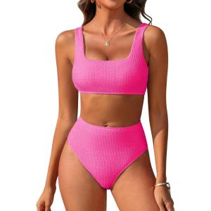 imageANRABESS Women Swimsuits Two Piece Bikini Set High Waisted Ribbed Tummy Control Modest Bathing Suits 2025 Beach Swim WearHot Pink