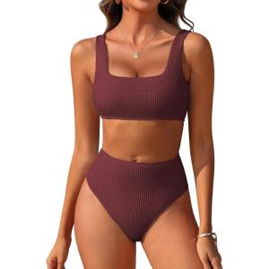 imageANRABESS Women Swimsuits Two Piece Bikini Set High Waisted Ribbed Tummy Control Modest Bathing Suits 2025 Beach Swim WearWine Red