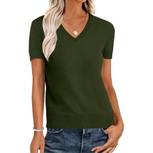 imageANRABESS Women Wool Blend Sweater Summer 2025 Short Sleeve V Neck Pullover Top Business Casual Outfit Beach Vacation ClothesArmy Green