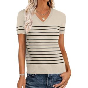 imageANRABESS Women Wool Blend Sweater Summer 2025 Short Sleeve V Neck Pullover Top Business Casual Outfit Beach Vacation ClothesBeige Black Stripe