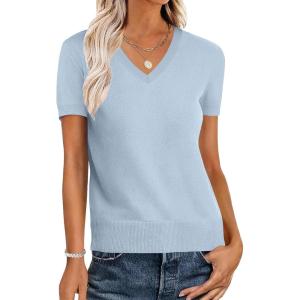 imageANRABESS Women Wool Blend Sweater Summer 2025 Short Sleeve V Neck Pullover Top Business Casual Outfit Beach Vacation ClothesLight Blue