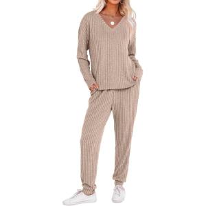 imageANRABESS Womens 2 Piece Lounge Pajama Sets Casual Ribbed Knit V Neck Long Sleeve Jogger Pants Matching Set 2025 Fall OutfitsKhaki