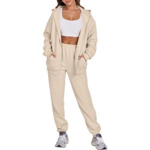 imageANRABESS Womens 2 Piece Outfits Sweatsuits Oversized Zip Up Sweatshirt Jogger Sweatpants Tracksuit Sweat Lounge Matching SetBeige