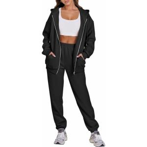 imageANRABESS Womens 2 Piece Outfits Sweatsuits Oversized Zip Up Sweatshirt Jogger Sweatpants Tracksuit Sweat Lounge Matching SetBlack