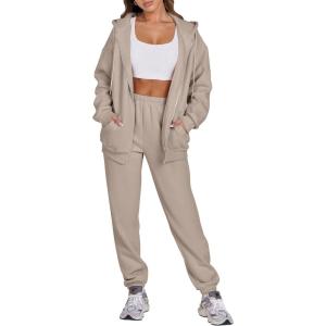 imageANRABESS Womens 2 Piece Outfits Sweatsuits Oversized Zip Up Sweatshirt Jogger Sweatpants Tracksuit Sweat Lounge Matching SetKhaki