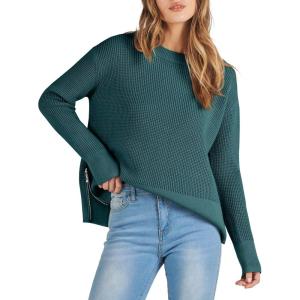 imageANRABESS Womens 2025 Fall Waffle Sweaters Long Sleeve Thumbhole Casual Knitted Side Zipper Pullover Sweaters TopGreen