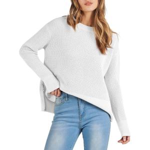 imageANRABESS Womens 2025 Fall Waffle Sweaters Long Sleeve Thumbhole Casual Knitted Side Zipper Pullover Sweaters TopWhite