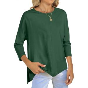 imageANRABESS Womens 34 Length Sleeve Tops Loose Fit Tunic Shirts Oversized Spring Summer Casual Crew Neck Basic Boxy TeeDeep Green
