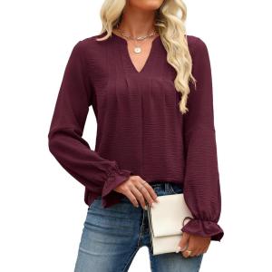 imageANRABESS Womens Dressy Casual Blouses V Neck Long Sleeve 2025 Fall Loose Fit Tunic Tops Pleated T Shirts Trendy OutfitsBurgundy