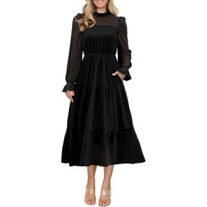 imageANRABESS Womens Fall Vacation Guest Dress 2025 Long Sleeve Mock Neck Mesh Floral Boho Flowy Casual Tea Party Midi DressesBlack