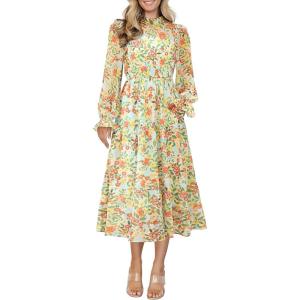 imageANRABESS Womens Fall Vacation Guest Dress 2025 Long Sleeve Mock Neck Mesh Floral Boho Flowy Casual Tea Party Midi DressesFloral Orange