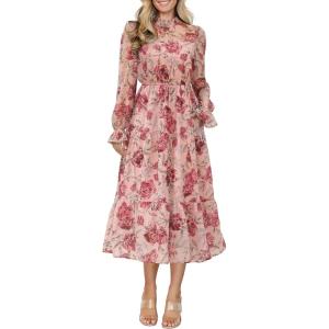 imageANRABESS Womens Fall Vacation Guest Dress 2025 Long Sleeve Mock Neck Mesh Floral Boho Flowy Casual Tea Party Midi DressesFloral Red Rose