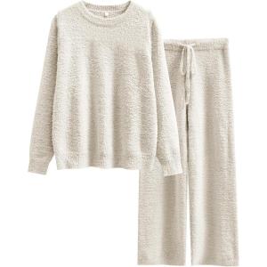 imageANRABESS Womens Fuzzy Fleece Pajama Sets 2 Piece Outfits Long Sleeve Top Wide Leg Pants Lounge Matching Set 2025 Fall WinterBeige