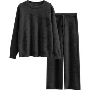 imageANRABESS Womens Fuzzy Fleece Pajama Sets 2 Piece Outfits Long Sleeve Top Wide Leg Pants Lounge Matching Set 2025 Fall WinterBlack