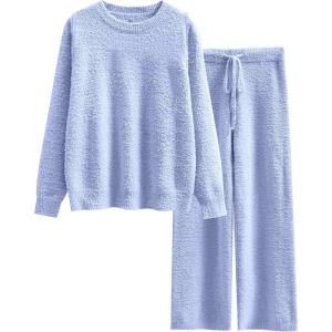 imageANRABESS Womens Fuzzy Fleece Pajama Sets 2 Piece Outfits Long Sleeve Top Wide Leg Pants Lounge Matching Set 2025 Fall WinterBlue