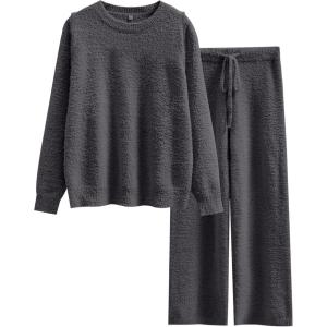 imageANRABESS Womens Fuzzy Fleece Pajama Sets 2 Piece Outfits Long Sleeve Top Wide Leg Pants Lounge Matching Set 2025 Fall WinterDeep Gray