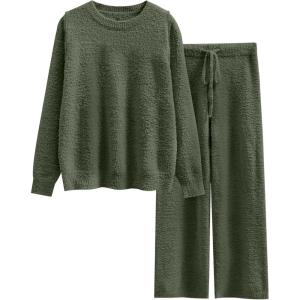 imageANRABESS Womens Fuzzy Fleece Pajama Sets 2 Piece Outfits Long Sleeve Top Wide Leg Pants Lounge Matching Set 2025 Fall WinterLawn Green