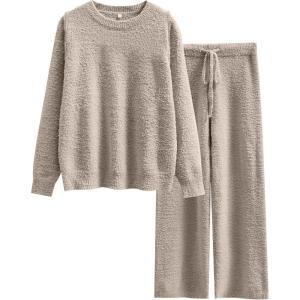 imageANRABESS Womens Fuzzy Fleece Pajama Sets 2 Piece Outfits Long Sleeve Top Wide Leg Pants Lounge Matching Set 2025 Fall WinterLight Khaki