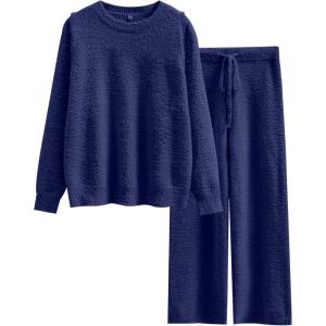 imageANRABESS Womens Fuzzy Fleece Pajama Sets 2 Piece Outfits Long Sleeve Top Wide Leg Pants Lounge Matching Set 2025 Fall WinterNavy Blue