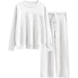 imageANRABESS Womens Fuzzy Fleece Pajama Sets 2 Piece Outfits Long Sleeve Top Wide Leg Pants Lounge Matching Set 2025 Fall WinterWhite