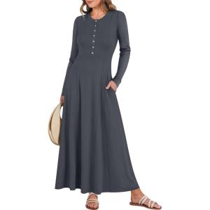 imageANRABESS Womens Long Sleeve Maxi Dress 2025 Fall Casual Button Fit ampamp Flare ALine Swing Flowy Long Dresses Winter TrendyDark Gray