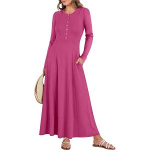imageANRABESS Womens Long Sleeve Maxi Dress 2025 Fall Casual Button Fit ampamp Flare ALine Swing Flowy Long Dresses Winter TrendyHot Pink