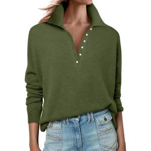 imageANRABESS Womens Long Sleeve Polo Sweaters Knit Button Shirt Lightweight Dressy Casual Basic Pullover Tops 2025 Fall FashionArmy Green
