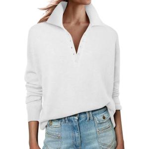 imageANRABESS Womens Long Sleeve Polo Sweaters Knit Button Shirt Lightweight Dressy Casual Basic Pullover Tops 2025 Fall FashionWhite