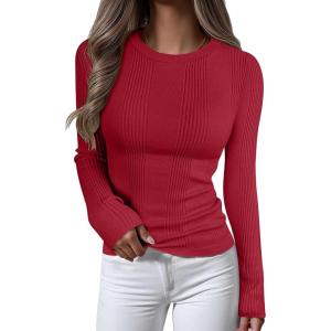 imageANRABESS Womens Long Sleeve Slim Fit Crewneck Lightweight Sweaters 2025 Fall Winter Basic Fitted Rib Knit Pullover TopsRed