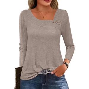 imageANRABESS Womens Long Sleeve Tops Asymmetrical Buttons Neck Tunic Shirts Dressy Casual Blouse 2025 Fall OutfitsLight Khaki