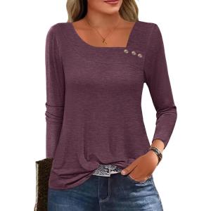 imageANRABESS Womens Long Sleeve Tops Asymmetrical Buttons Neck Tunic Shirts Dressy Casual Blouse 2025 Fall OutfitsMaroon