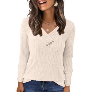 imageANRABESS Womens Long Sleeve Tunic Tops for Leggings Casual V Neck Button Shirts 2025 Fall Light Pullover Sweaters BlouseYellow Beige