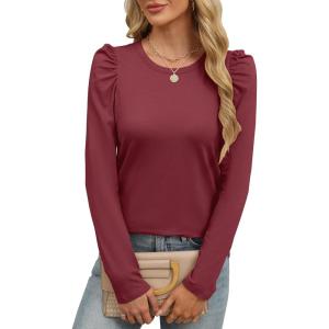 imageANRABESS Womens Puff Long Sleeve Shirts Crewneck Fall Tops Basic Dressy Casual Blouses 2025 Trendy OutfitsBurgundy