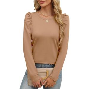 imageANRABESS Womens Puff Long Sleeve Shirts Crewneck Fall Tops Basic Dressy Casual Blouses 2025 Trendy OutfitsDeep Khaki