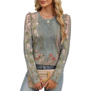 imageANRABESS Womens Puff Long Sleeve Shirts Crewneck Fall Tops Basic Dressy Casual Blouses 2025 Trendy OutfitsFloral Green Flower