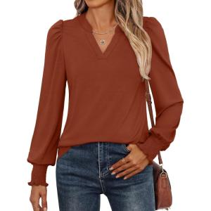 imageANRABESS Womens Puff Long Sleeve Shirts V Neck Loose TShirts Dressy Casual Work Blouses 2025 Fall Tops Trendy ClothesBrown