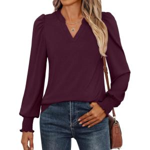 imageANRABESS Womens Puff Long Sleeve Shirts V Neck Loose TShirts Dressy Casual Work Blouses 2025 Fall Tops Trendy ClothesBurgundy