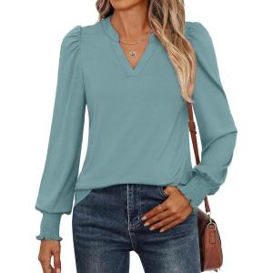 imageANRABESS Womens Puff Long Sleeve Shirts V Neck Loose TShirts Dressy Casual Work Blouses 2025 Fall Tops Trendy ClothesCadet Blue