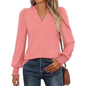 imageANRABESS Womens Puff Long Sleeve Shirts V Neck Loose TShirts Dressy Casual Work Blouses 2025 Fall Tops Trendy ClothesCoral Orange