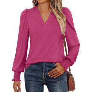 imageANRABESS Womens Puff Long Sleeve Shirts V Neck Loose TShirts Dressy Casual Work Blouses 2025 Fall Tops Trendy ClothesHot Pink