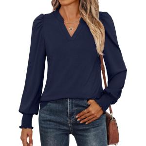 imageANRABESS Womens Puff Long Sleeve Shirts V Neck Loose TShirts Dressy Casual Work Blouses 2025 Fall Tops Trendy ClothesNavy Blue