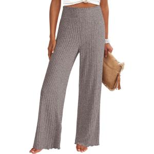 imageANRABESS Womens Ribbed Knit Lounge Pajama Pants Casual Elastic High Waist Loose Wide Leg Pants 2025 Fall Comfy PJ BottomsCoffee