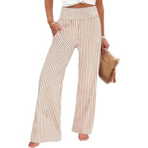 imageANRABESS Womens Striped Gingham Palazzo Pants Wide Leg High Waisted Lounge Pajama Pants Cute Casual Trousers with PocketsLight Brown White Stripe